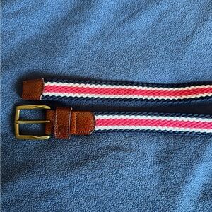 Footjoy Navy, White & Pink Woven Belt with Brown Leather Trim